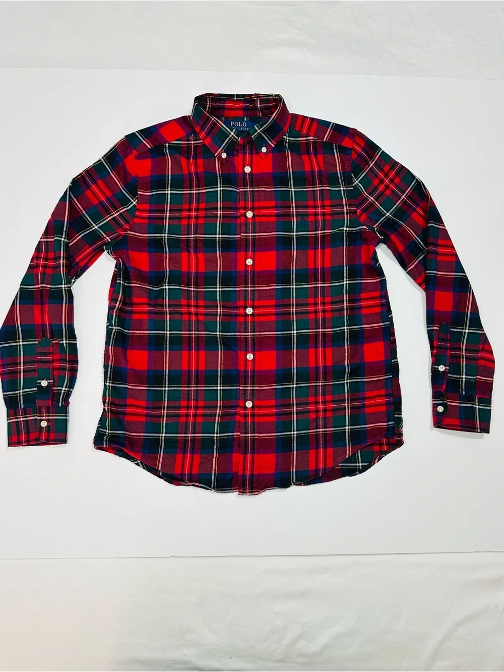 POLO RALPH LAUREN PLAID BUTTON DOWN SHIRT YOUTH LG 14-16 RED GREEN TARTAN PREPPY